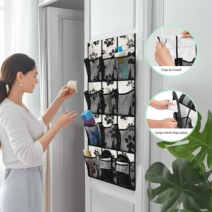 12-Pocket Behind The Door Storage Organizer, Oxford Material Waterproof Foldable and Designed for Bathroom Pantry or Bedroom Use, Black Dog Paw Print