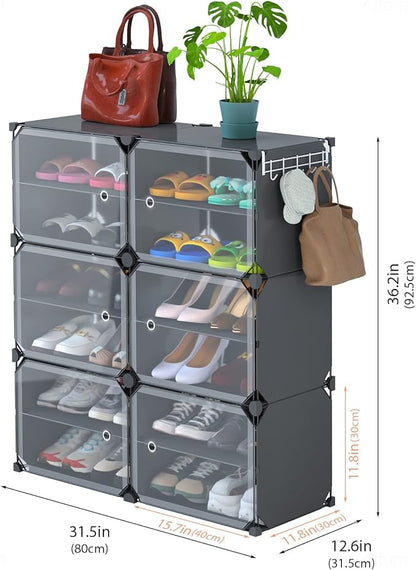 NiHome Shoe Rack Organizer with Doors - 24 Pairs Closet Shoe Organizers and Storage - Stackable Plastic Shoe Storage Box - Free Standing Shoe Rack for Entryway Garage Bedroom