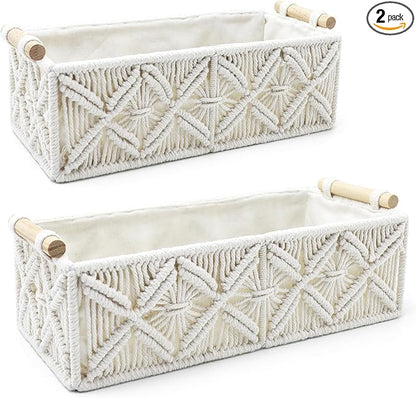 Nonam Macrame Storage Baskets, Boho Decor Style Woven Storage Boxes for Home Organization, Toilet Tank Shelf Cabinet Organizer Baskets,Set of 2 - White