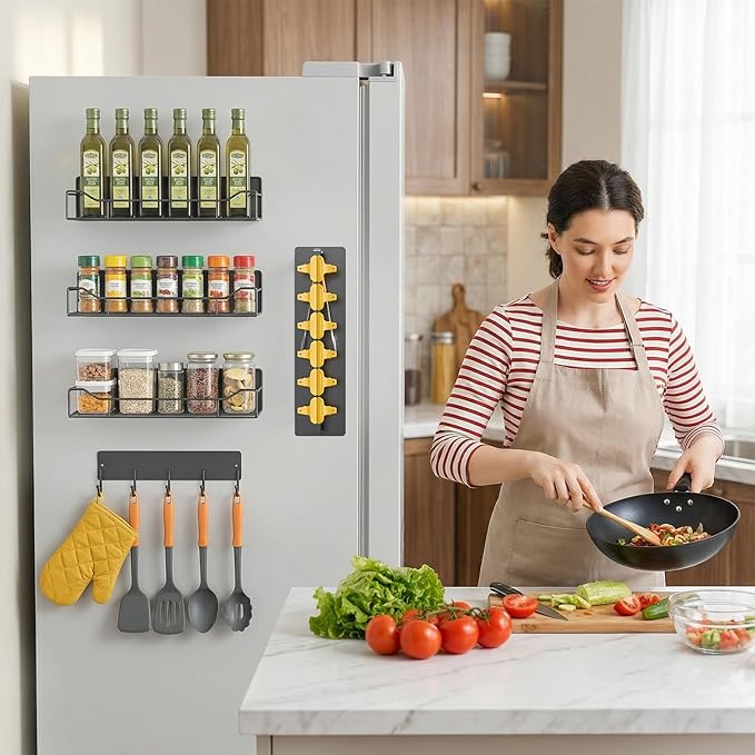 Magnetic Spice Rack for Refrigerator, 5 Pack Magnetic Fridge Organizer Shelves, Strong Magnet, No Drilling, Space Saving Shelf Organizer for Kitchen, Refrigerator & Laundry Room Storage (Grey)