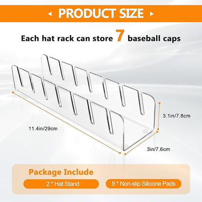 Baseball Caps Hat Stand & Holder Organizer, Acrylic No-Install Rack Closet Display, Storage for 14 Caps (2 Pack)