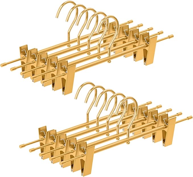 Matte Gold Aluminum Pants Hangers 10 Pack, Lightweight Skirt Hangers with 360°Swivel Hooks and Non-Slip Adjustable Clips for Trousers, Skirts, Jeans, Kids & Adults, Durable, Space-Saving