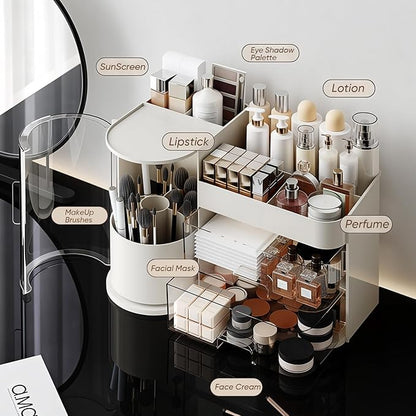 Makeup Organizer,Rotating Cosmetic Storage Organizer with Drawers,Large Capacity Makeup Brush Holder,Skincare Vanity Organizer for Bathroom Countertop, White