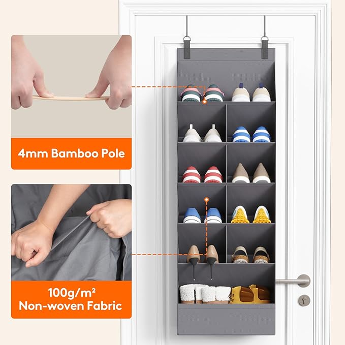 Lifewit 6 Tier Over the Door Shoe Organizer with 11 Large Deep Pockets, Fabric Hanging Shoes Shelf for Closet, Dorm Storage, Fit Up to 12 Pair Shoe Rack Holder for Sneakers, Boots, Gray