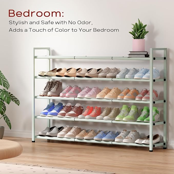 Bumusty 5-Tier Long Expandable Shoe Rack for Closet, 18"-44" Adjustable Shoe Rack for Entryway, 25-30 Pairs Large Shoe Organizer Shelf Storage, Sturdy Metal, Green