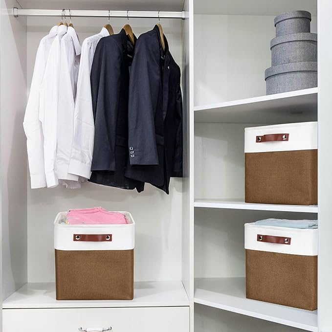 Bagnizer Collapsible Fabric Storage Cubes 11x11 Cube Storage Bins, 4 Pack Closet Baskets Box with Handles for Organizing, Shelf, Toys, Clothes, Home, Office, Nursery (Brown&White)