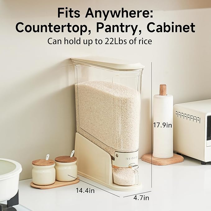 UFORU Rice Dispenser 22Lbs, Slim Rice Storage Container for Small Space, BPA-Free Clear Dry Food Dispenser Sealed Moisture Proof, Grain&Cereal Storage Bucket for Kitchen Pantry Household, Cream White