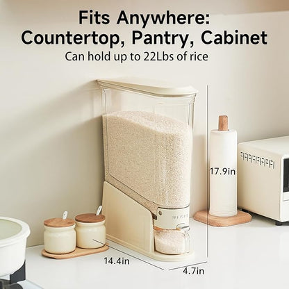 UFORU Rice Dispenser 22Lbs, Slim Rice Storage Container for Small Space, BPA-Free Clear Dry Food Dispenser Sealed Moisture Proof, Grain&Cereal Storage Bucket for Kitchen Pantry Household, Cream White