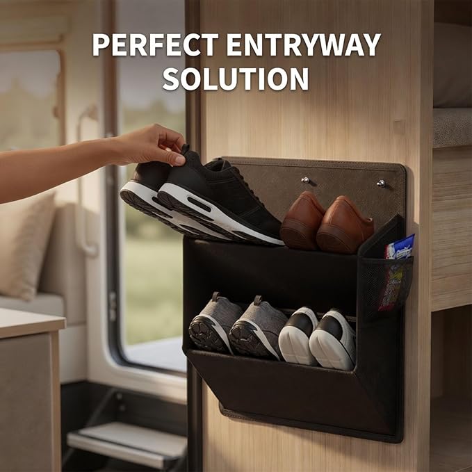 2 Pcs Rv Shoe Storage, Hanging Shoe Organizer with Sticky Adhesive Tape, Save Space Wall Mounted Shoes Rack with Large Deep Pockets for Camper, RV Accessories Organization (Black)