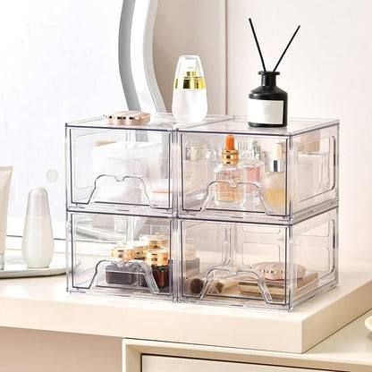 Stebopum 8 Pack Stackable Makeup Organizer, 4.4'' Tall Acrylic Bathroom Makeup Organizer and Storage Drawer with Pull-out Handle, Clear Plastic Storage Bins for Vanity,Pantry,Desk,Undersink,Kitchen