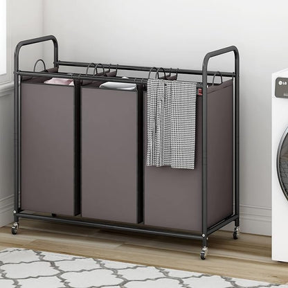 LINZINAR 3-Bag Laundry Sorter,Laundry Hamper Cart with Heavy Duty Rolling Lockable Wheels and Removable Bags (Brown)