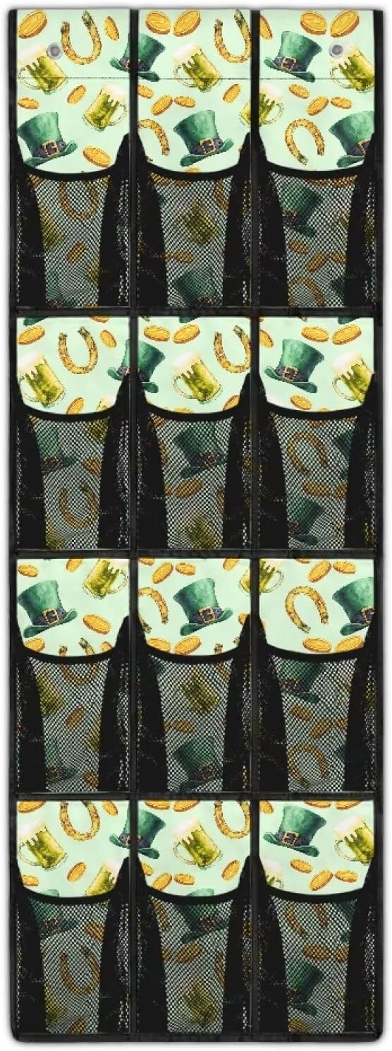 Multi-Purpose 12-Pocket Behind The Door Organizer, Oxford Cloth, Waterproof Large Capacity and Ideal for Bathroom Bedroom or Pantry Storage, Green Hat Gold Coins Horseshoe