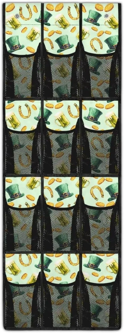 Multi-Purpose 12-Pocket Behind The Door Organizer, Oxford Cloth, Waterproof Large Capacity and Ideal for Bathroom Bedroom or Pantry Storage, Green Hat Gold Coins Horseshoe