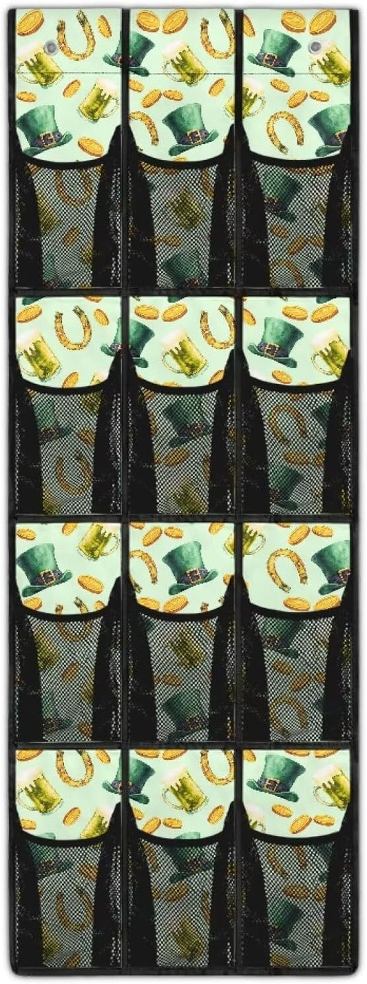 Multi-Purpose 12-Pocket Behind The Door Organizer, Oxford Cloth, Waterproof Large Capacity and Ideal for Bathroom Bedroom or Pantry Storage, Green Hat Gold Coins Horseshoe