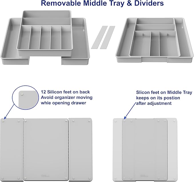 Simple Houseware Expandable Kitchen Drawer Flatware Organizer, Gray – Adjustable Cutlery Tray with 9 Compartments for Utensils and Silverware