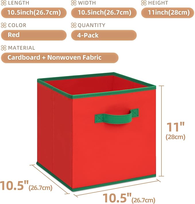 STORAGE MANIAC Storage Cubes, 11 Inch Durable 4 Pack Storage Shelf Basket for Christmas, Fabric Foldable Collapsible Bins with Handles for Organization, Closet, Shelves, Offices, Toys, Red