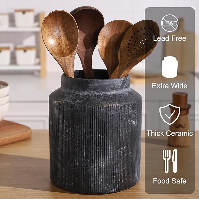 Farmhouse Ceramic Farmhouse Kitchen Utensil Holder for Countertop, Rustic Cooking Utensil Holder Crock Fit for Kitchen Counter. Bronze 6.1 x 6.1 x 7 IN
