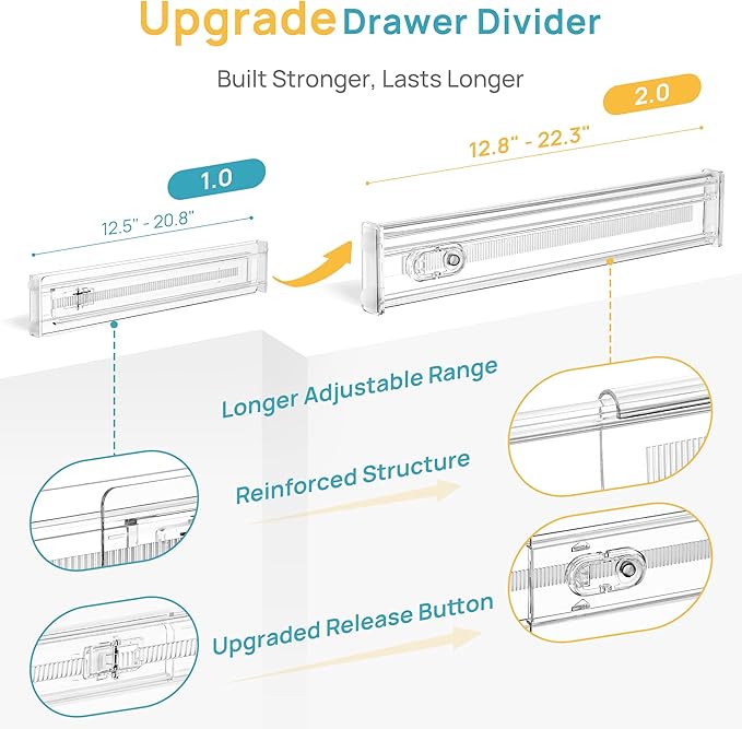 Vtopmart 8 Pack 2.36" Short Upgrade Drawer Dividers for Kitchen Drawer, 12.8"-22.3" Expandable Kitchen Drawer Organizer, Clear Plastic Organizer Separator for Flatware, Utensil, Cutlery, Underwear