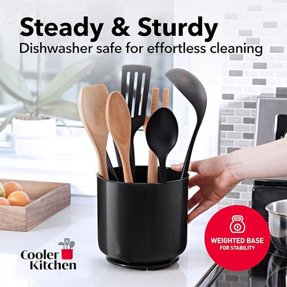 Cooler Kitchen Jumbo Extra Large Sturdy Rotating Black Utensil Holder Caddy with No-Tip Weighted Base, and Gripped Insert - Rust Proof and Dishwasher Safe Kitchen Utensils Holder