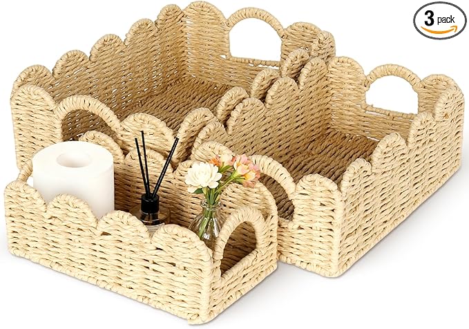 Hand Woven Paper Rope Scalloped Edge Decor Baskets for Home,Living Room, Bedroom,Storage over Above Behind Flush Tank,Toilet Basket,end Table,Shelves-Easily Fit with or Bedroom Decor,Set 3(Natural)
