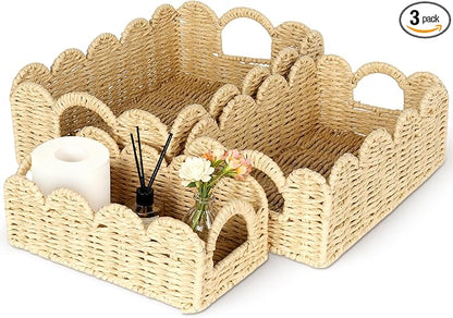 Hand Woven Paper Rope Scalloped Edge Decor Baskets for Home,Living Room, Bedroom,Storage over Above Behind Flush Tank,Toilet Basket,end Table,Shelves-Easily Fit with or Bedroom Decor,Set 3(Natural)