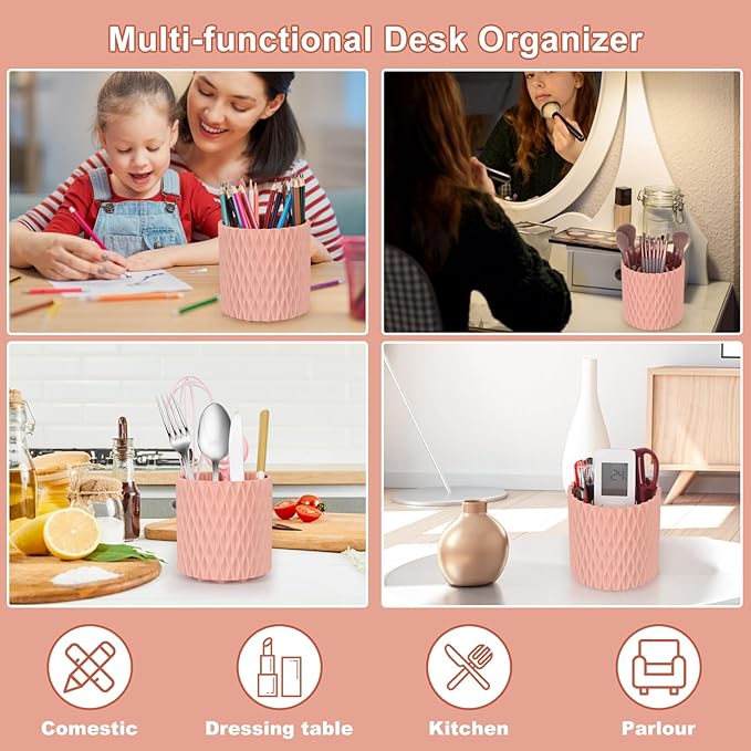 Makeup Brush Holder Organizer-360° Rotating Makeup Brush Storage,Pencil Pen Holder Cup,Desk Accessories,5 Slot Make up Brushes Cup, for Vanity Desktop Bathroom Countertop (Pink)