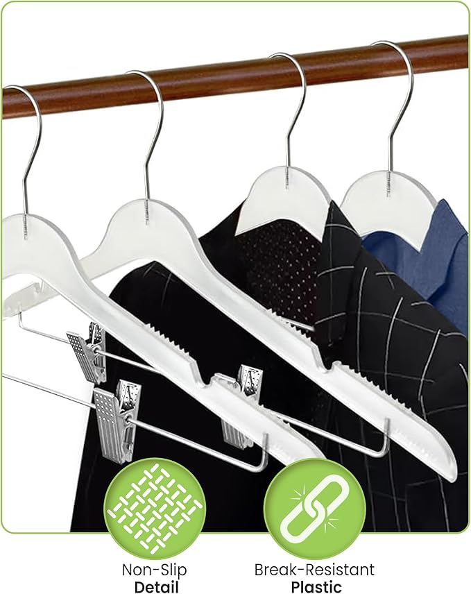All Hung Up Hangers Slim Plastic Clothes Hangers with Clips, Space-Saving Design with Non-Slip Grip, Durable for Everyday Use, White, 12pcs