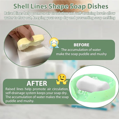 Silicone Bathroom Soap Dishes, Self Draining Waterfall Bar Soap Holder & Saver, Dish Soap Tray, Sponge Holder, 13 Non-Slip Suction Cups Dishwasher Safe for Bathroom Kitchen Shower Sink Organizer Green