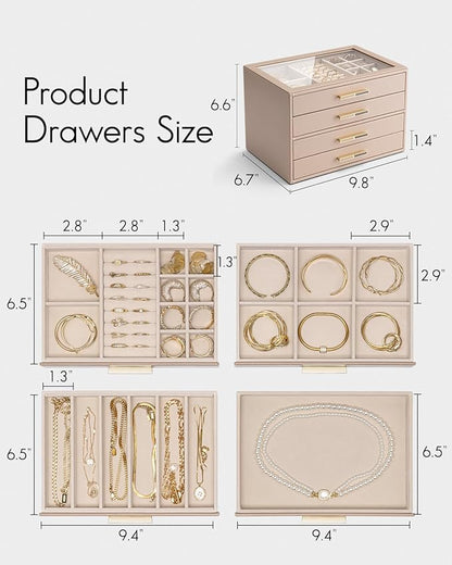 VLANDO 4 Layer Jewelry Box for Women, Mothers Day Gifts for Women, Glass Lid Jewelry Organizer with 4 Drawers for Necklaces Rings Earrings Bracelets - Toffee