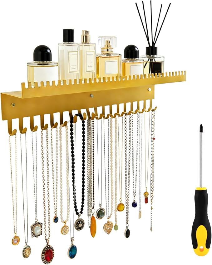 Necklace Holder Wall Hanging Organizer with 56 Hooks and Tray, Wall Mounted Necklace Hanger for Earring, Bracelet, Rings, Hairband, Glasses