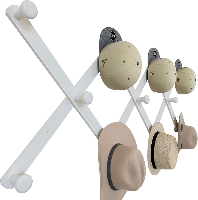 SKOLOO Large Hat Rack for Wall, Wooden Accordion Wall Hanger, Modern, Expandable Coat Hooks, Hat Display Rack for Home, Office, and Studio, 11 Peg, White