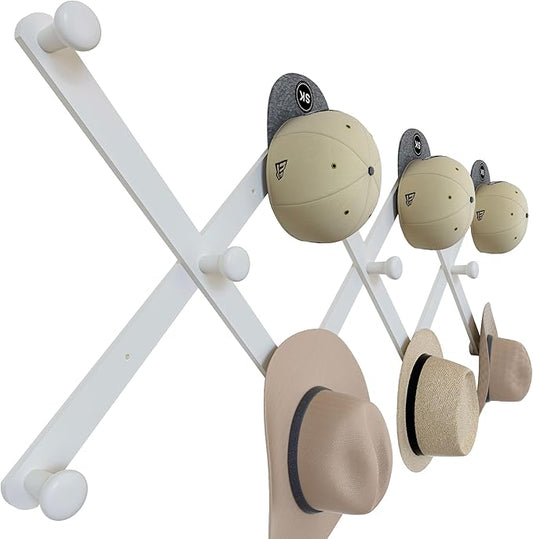 SKOLOO Large Hat Rack for Wall, Wooden Accordion Wall Hanger, Modern, Expandable Coat Hooks, Hat Display Rack for Home, Office, and Studio, 11 Peg, White