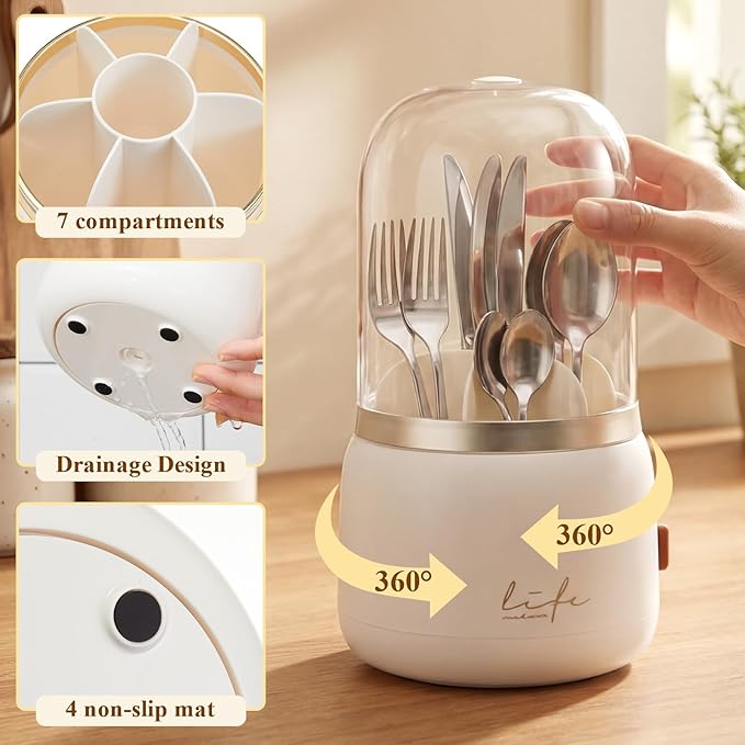 2 Pack 360° Rotating Silverware Organizer, Utensil Holder with Lid for Kitchen Counter, Silverware Caddy with Drainage Dustproof Flatware Holder for Cutlery Spoon Fork Storage, White(7 Slot)