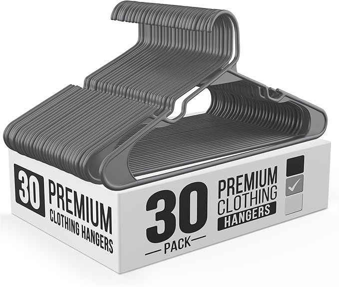 Our Modern Space 30 Pack Adult Plastic Hanger for Shirt Pants Coats Dresses Skirts Suits Jackets - Standard Thick Coat Hanger - Sturdy & Durable Design with Shoulder Grooves Hook - Grey