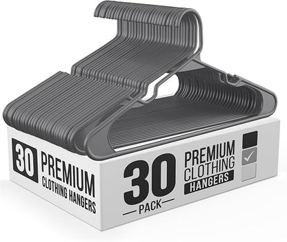 Our Modern Space 30 Pack Adult Plastic Hanger for Shirt Pants Coats Dresses Skirts Suits Jackets - Standard Thick Coat Hanger - Sturdy & Durable Design with Shoulder Grooves Hook - Grey