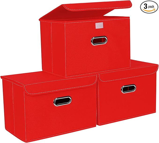 STOREONE Fabric Storage Cube Bins Foldable Organizer Container Collapsible Basket with Lids and Metal Handles, for Home, Bedroom, Closet 3 Pcs (Red)