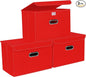 STOREONE Fabric Storage Cube Bins Foldable Organizer Container Collapsible Basket with Lids and Metal Handles, for Home, Bedroom, Closet 3 Pcs (Red)