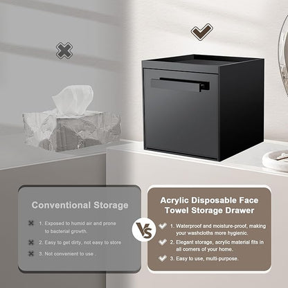 Disposable Face Towel Storage Box Compatible with Clean Skin Club Clean Towel XL Acrylic Cosmetic Organizer Container Box Facial Towels Holder with Drawer Wall-Mounted (Glossy Black)