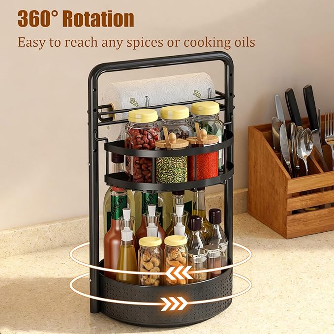 JEESA Rotating Spice Rack with Paper Towel Holder, 2 Tier Lazy Susan for Spices, Sturdy Iron Seasoning Organizer for Kitchen Countertop, Black