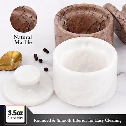 MARBLOUS KRAFTS Marble Salt Cellar with Lid 3" White and Marinara Salt, Pepper Bowls, Seasoning Containers Kitchen Storage, Perfect Mother’s Day Gift for Mom, Decorative Spice Jar, Home Décor