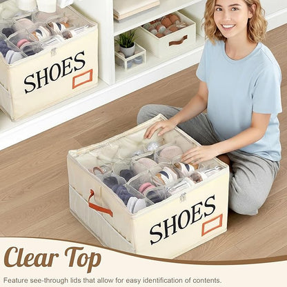 Amyhill Shoe Organizer for Closet Fits 16 Pairs Fabric Large Foldable Shoe Storage Box with Handles and Clear Cover Mesh Bags Printed SHOES Text for Closet Organizer Sneakers Heels Slippers