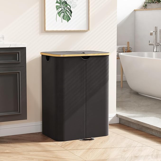 Lifewit 150L Double Laundry Hamper with Lid, Large Laundry Basket with Removable Bag & Bamboo Handles, Fodable Tall Dirty Clothes Hamper for Laundry Collapsible Bin for Bathroom Bedroom Dorm, Black