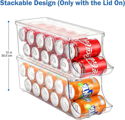 Puricon 2 Pack Soda Can Organizer Dispenser for Refrigerator, Plastic Canned Food Pop Beverage Container Holder Storage Bin with Lid for Freezer Rack Pantry Cabinet Cupboard Kitchen -Standard