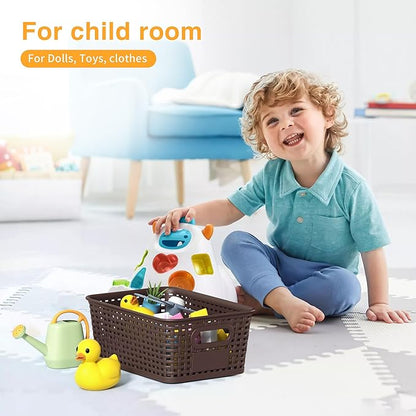 Brown Plastic Storage Baskets - Pack of 8 with Labels Stackable Durable Storage Bins, Storage Containers for Organizing Desktops, Closets, Playrooms, Classrooms, Offices