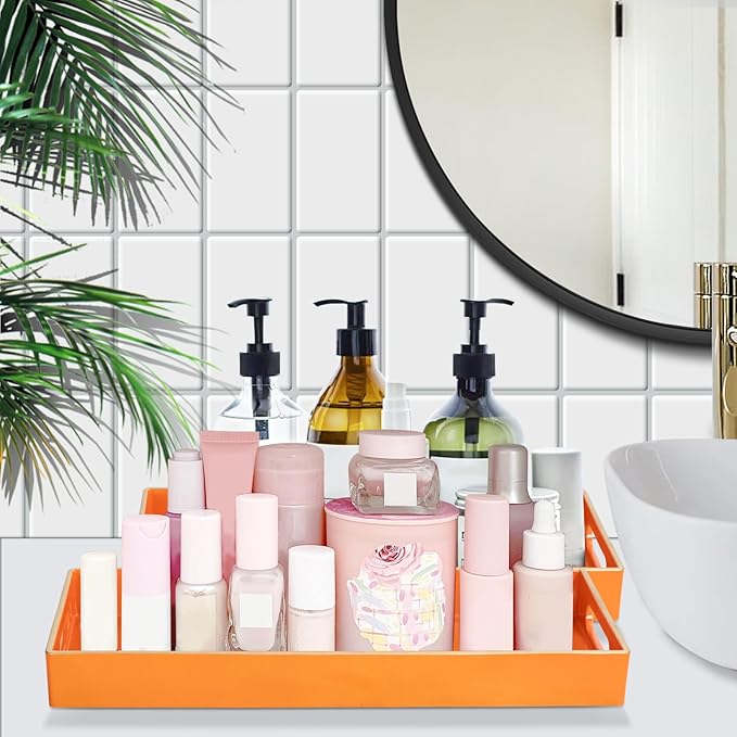 MAONAME Orange Vanity Tray Set of 2, Plastic Decorative Tray with Handles, Small Narrow Trays, Rectangular Bathroom Trays for Toilet Tank, 13.8" X 6" X 1.57"