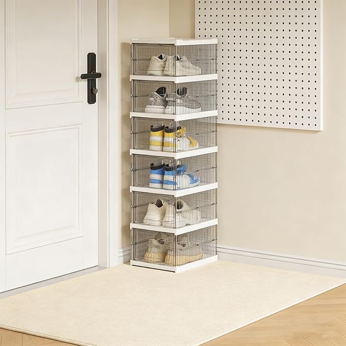 TARSHYRY Foldable Shoe Organizer, Stackable Shoe Rack with Transparent Door, Space Saving Bin Holder for Sneaker Container, Organizer for Boots, Heels, Sandals (6 Layers 10.04x13.58x41.34in)