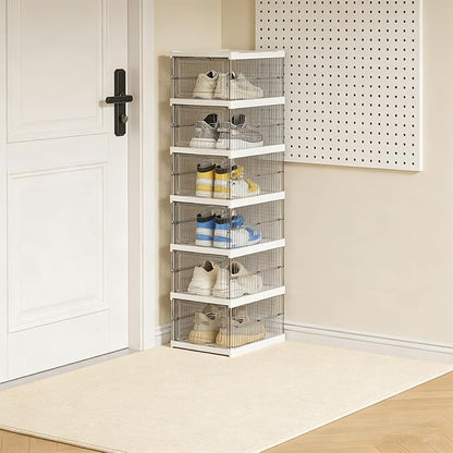TARSHYRY Foldable Shoe Organizer, Stackable Shoe Rack with Transparent Door, Space Saving Bin Holder for Sneaker Container, Organizer for Boots, Heels, Sandals (6 Layers 10.04x13.58x41.34in)