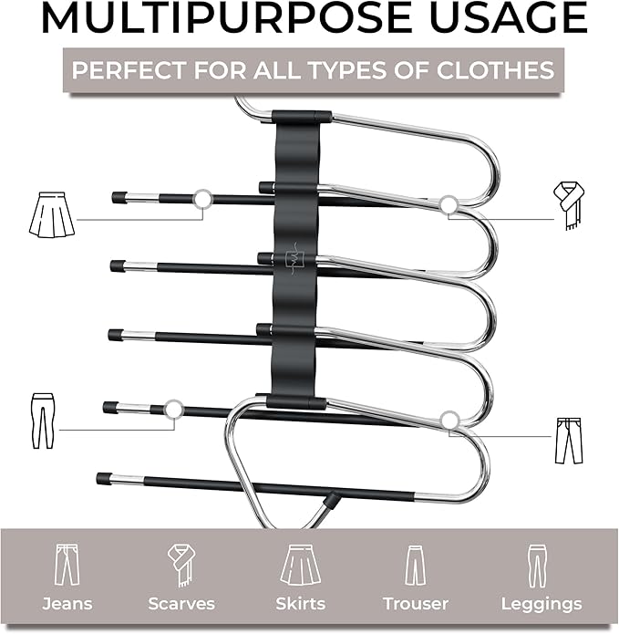 MORALVE Pants Hangers Space Saving - 4 Pack - Non-Slip Multi-Layer Space Saving Hangers - Multifunctional Clothing Rack for Closet Storage - Ideal for Jeans, Trousers, Skirts, Scarves & Slacks (Black)