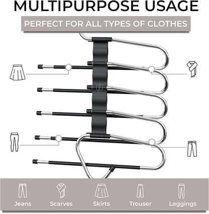 MORALVE Pants Hangers Space Saving - 4 Pack - Non-Slip Multi-Layer Space Saving Hangers - Multifunctional Clothing Rack for Closet Storage - Ideal for Jeans, Trousers, Skirts, Scarves & Slacks (Black)