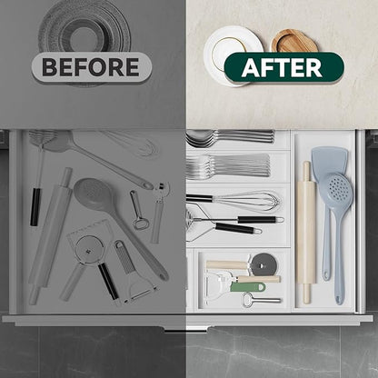 Lixple Bamboo Drawer Organizer, Cutlery Silverware Organizer for Kitchen Drawer, Stackable Utensil Organizer, 2 Pcs Flatware Organizer for Drawer, Wooden Storage Box Tray (White, 12 X 6 X 2 Inch)